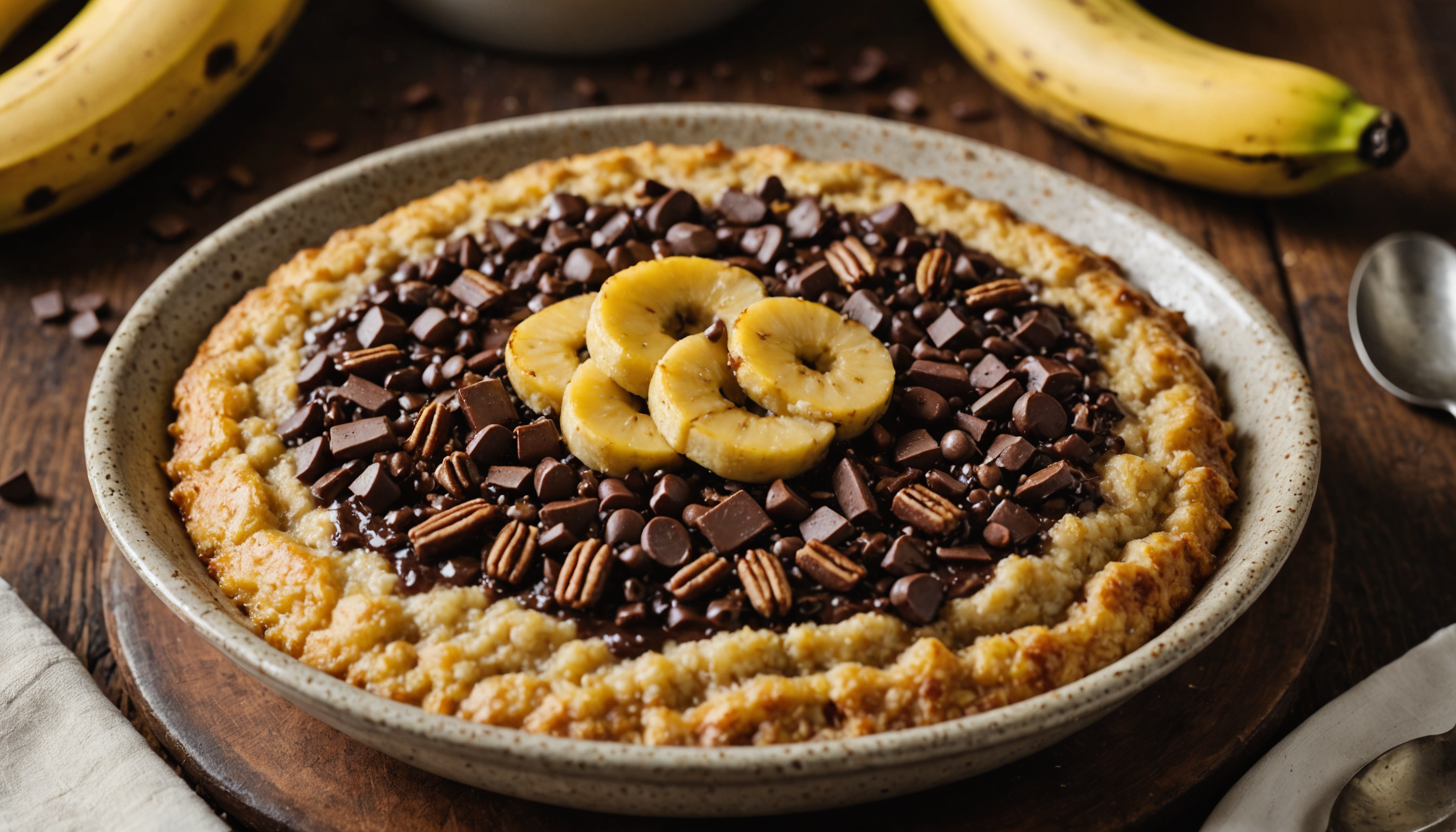 découvrez notre porridge magique au four à la banane et au chocolat, avec une croûte dorée et un cœur ultra moelleux, préparé en un rien de temps avec seulement 5 ingrédients simples du placard.