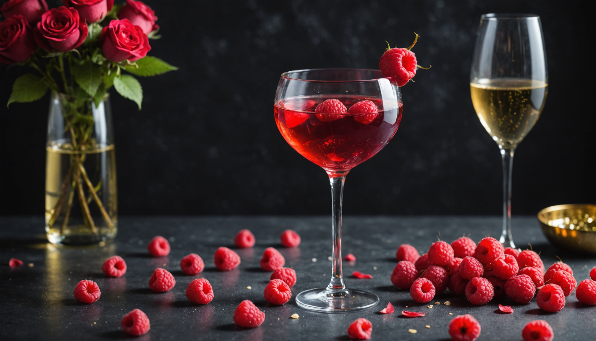 découvrez l'écarlate romantique, un cocktail élégant alliant la finesse du champagne à la douceur envoûtante de la framboise, pour un moment de dégustation unique et raffiné.
