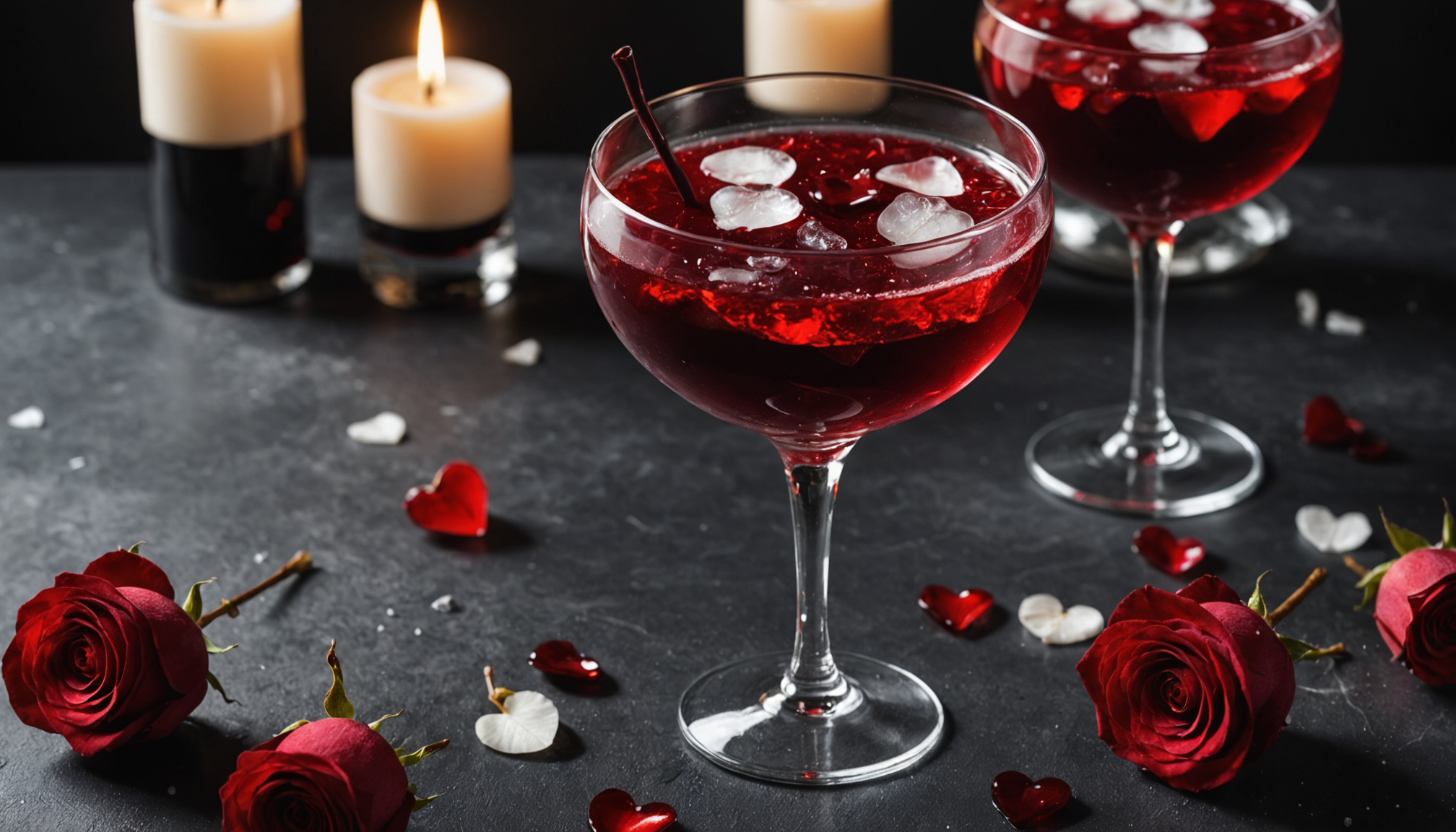 découvrez red velvet romance, un cocktail envoûtant alliant cerise noire et bulles blanches, parfait pour célébrer une saint-valentin pleine de passion et d'élégance.