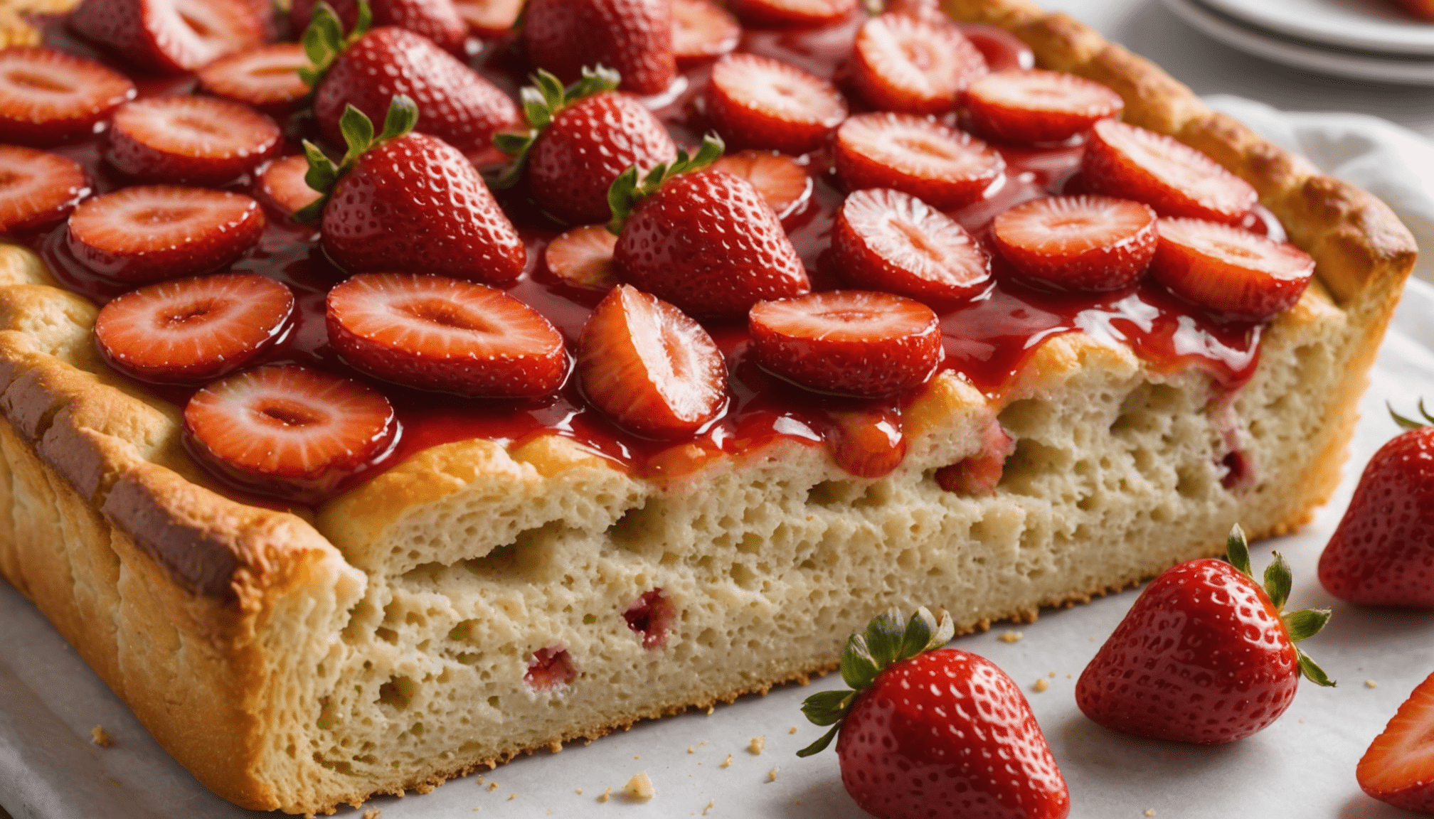 savourez une focaccia à la fraise ultra moelleuse grâce à cette recette facile à réaliser, parfaite pour régaler les amateurs de douceurs fruitées.