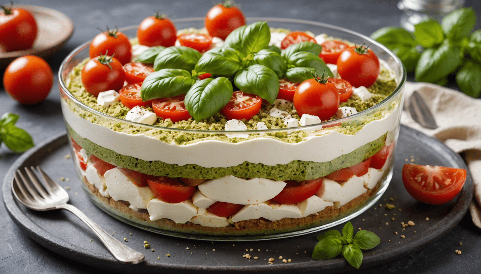 découvrez une recette innovante pour votre apéro : un tiramisu salé tomate-mozza-pesto, savoureux et prêt en seulement 5 minutes. parfait pour surprendre vos invités !