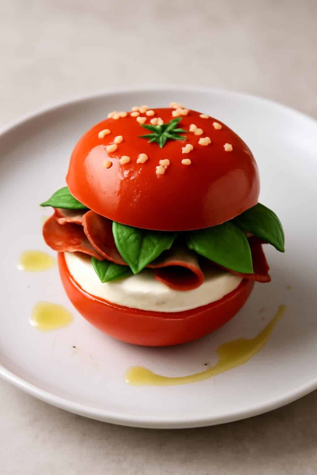 découvrez comment transformer une simple tomate coupée en deux en un faux burger apéritif impressionnant qui bluffera vos invités, avec une présentation digne d'un traiteur.