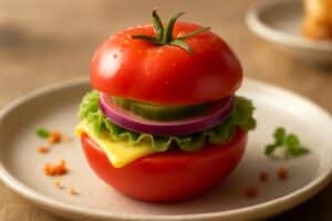découvrez comment transformer une simple tomate coupée en un faux burger apéritif impressionnant qui bluffera vos invités, donnant l'impression d'une création raffinée de traiteur.