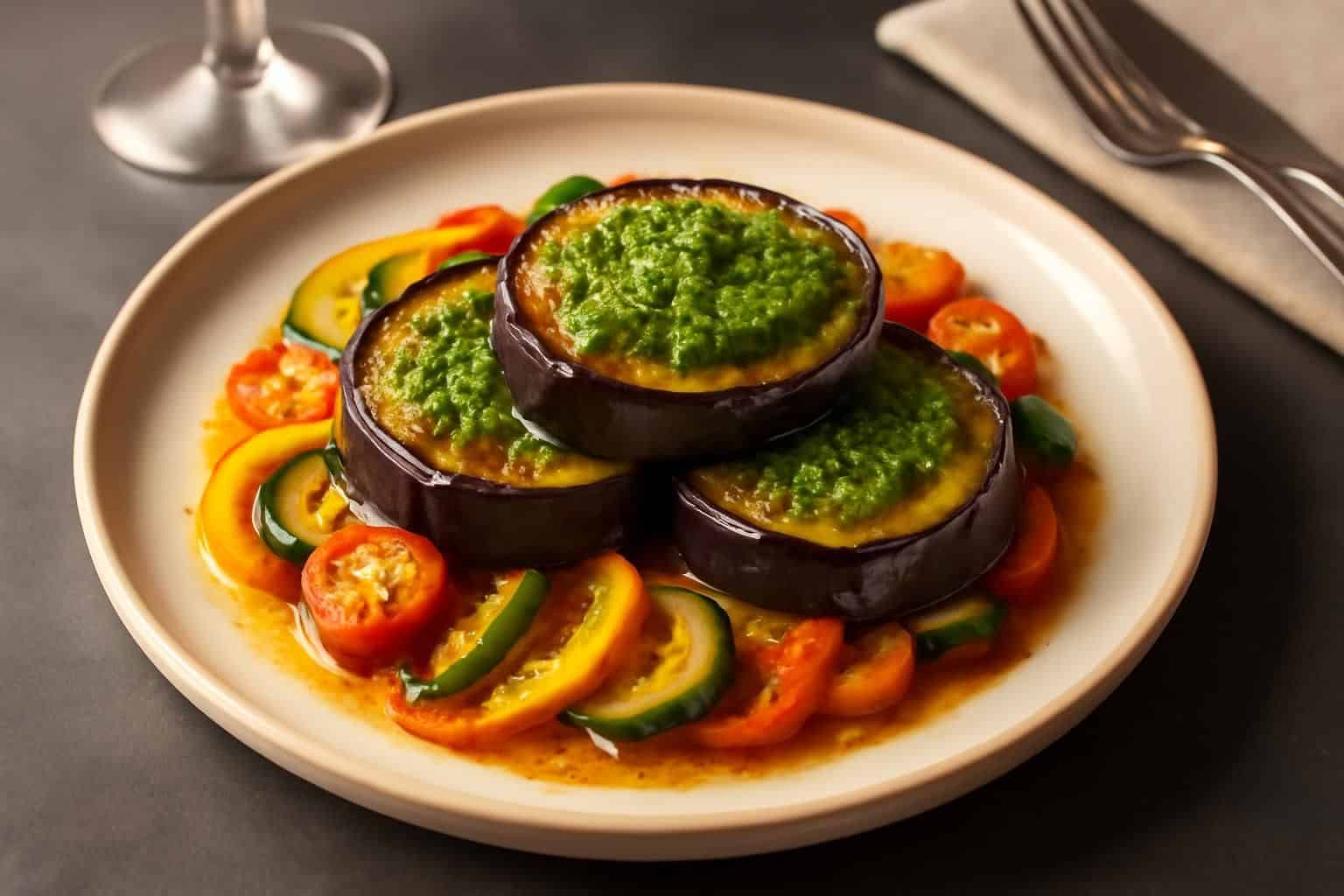 découvrez une recette innovante de ratatouille avec des aubergines fondantes et un pesto savoureux pour un dîner gourmand qui surprendra vos invités.