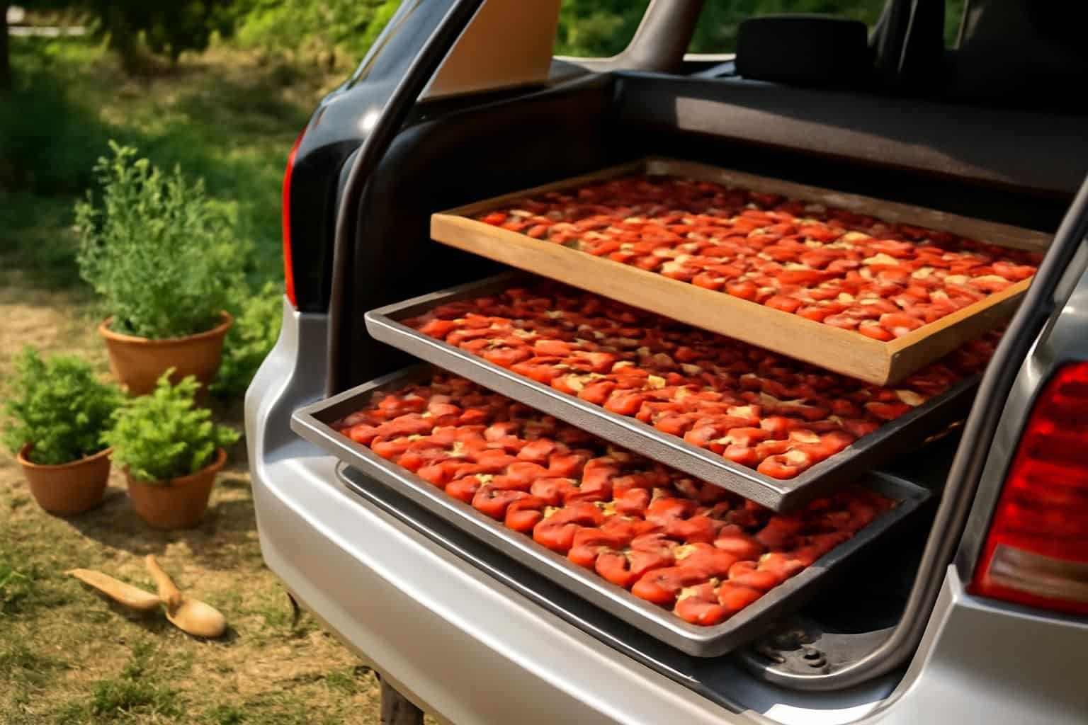 découvrez comment transformer l'arrière de votre voiture en un espace pratique pour sécher des tomates naturellement, sans déshydrateur, et profitez d'une saveur gourmande maison.