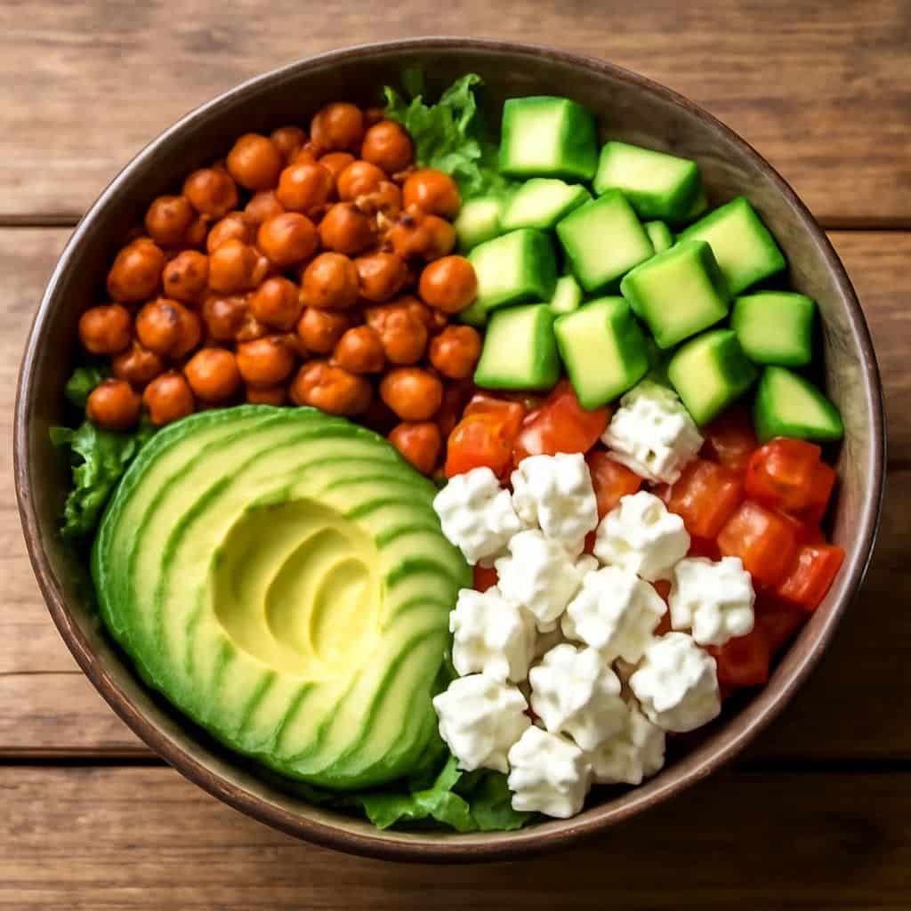 savourez une salade délicieuse alliant pois chiches croustillants, avocat fondant, concombre frais et feta savoureuse pour un repas frais et gourmand.