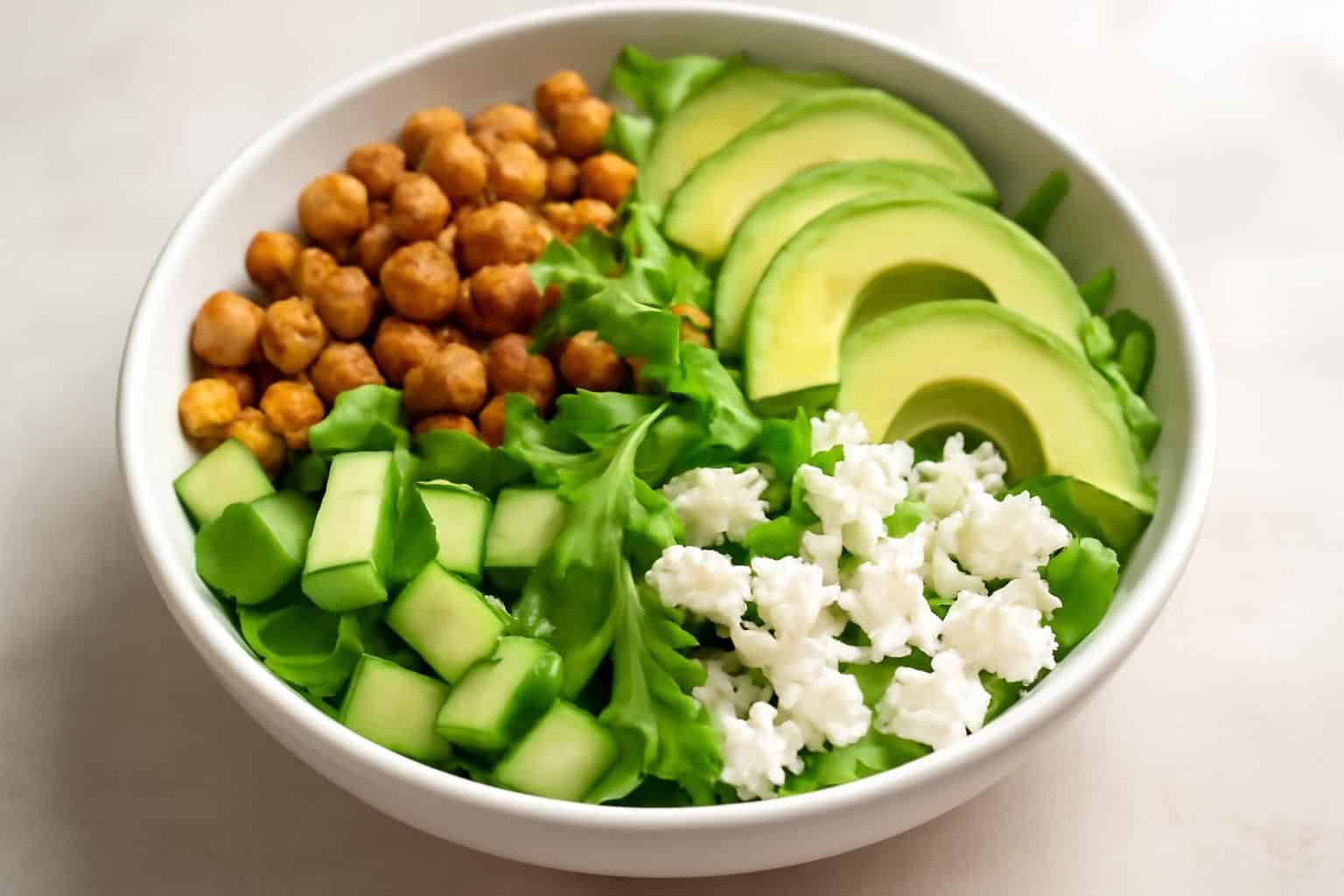 savourez une salade équilibrée et gourmande avec des pois chiches croustillants, avocat fondant, concombre frais et feta savoureuse, parfaite pour un repas sain et délicieux.