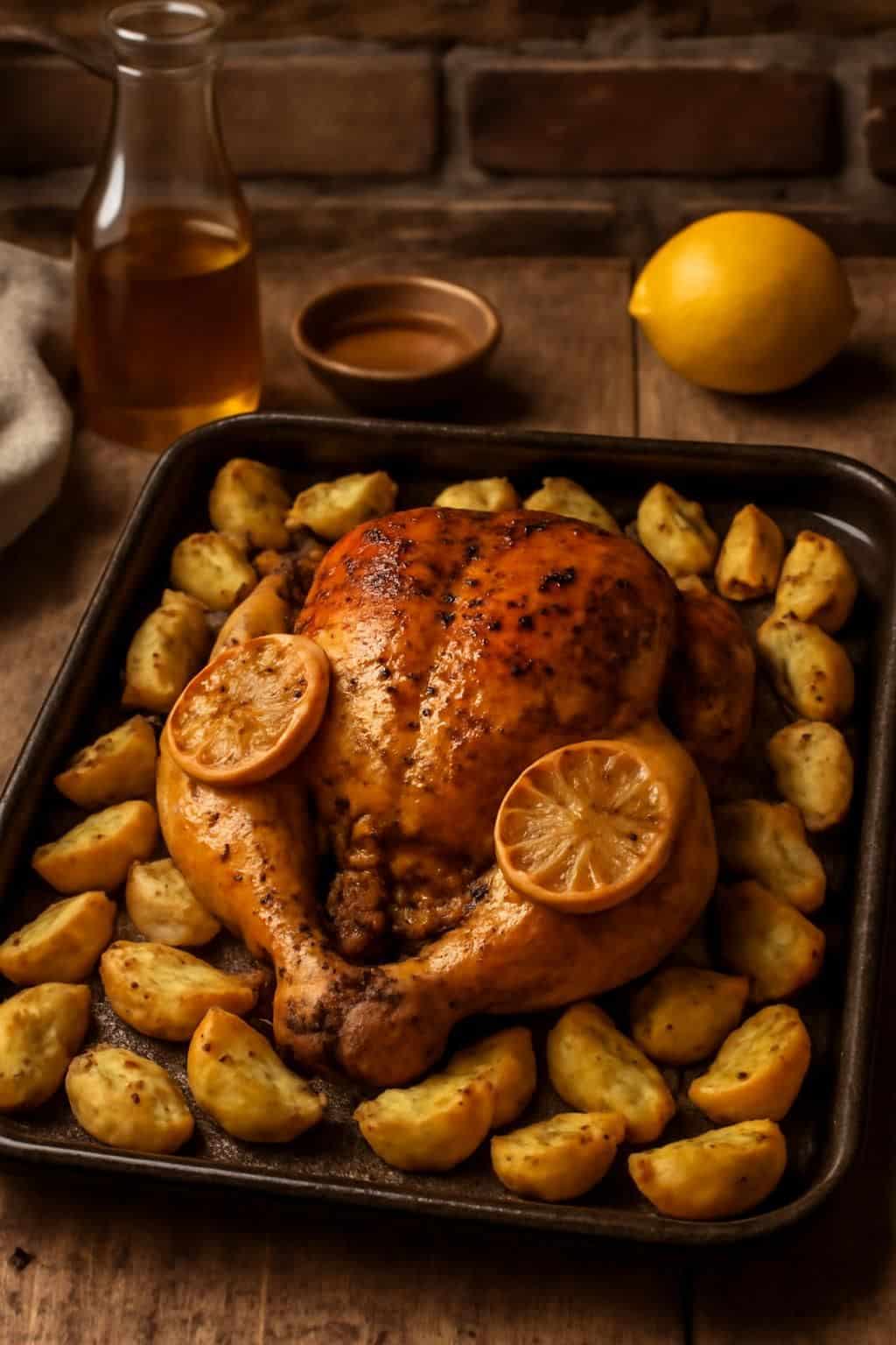 découvrez notre délicieux poulet au miel et citron, accompagné de pommes de terre dorées au four, pour un repas savoureux et gourmand.
