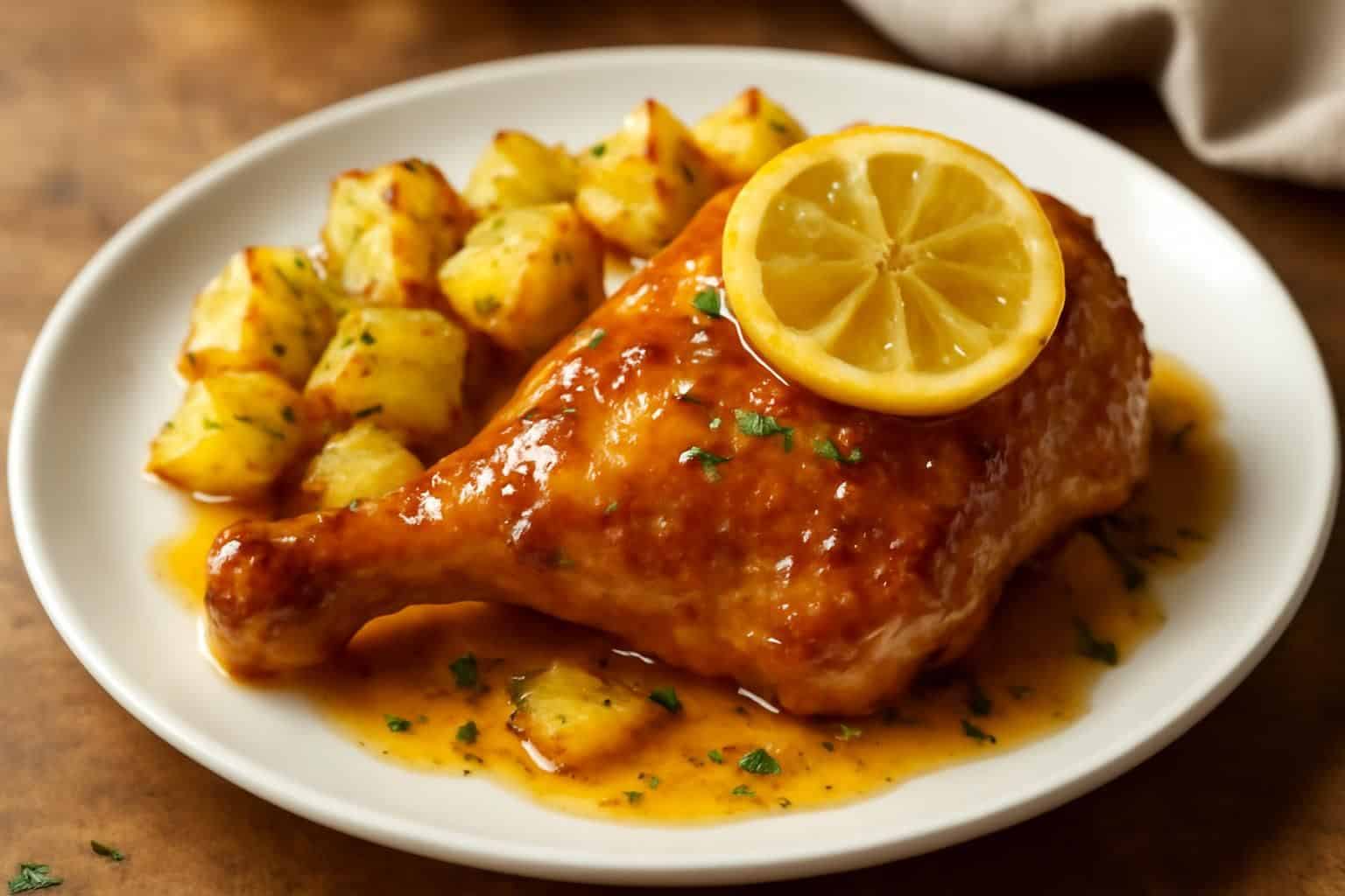 savourez un délicieux poulet au miel et citron accompagné de pommes de terre dorées au four, pour un repas gourmand et réconfortant.