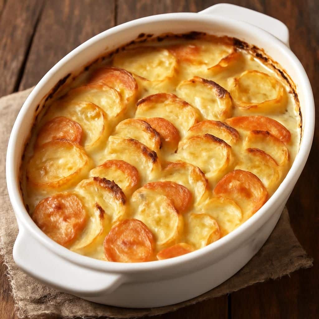 découvrez notre gratin d'automne délicieux, préparé avec pommes de terre, carottes et crème, parfait pour un repas savoureux maison qui semble tout droit sorti d'un traiteur.