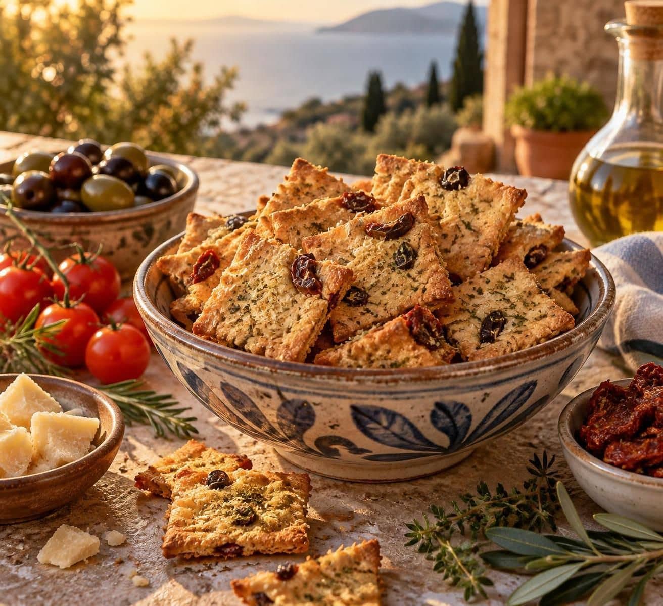 préparez des crackers maison au parmesan, tomates séchées et olives : une recette apéritive croustillante et savoureuse qui fait oublier les biscuits industriels.