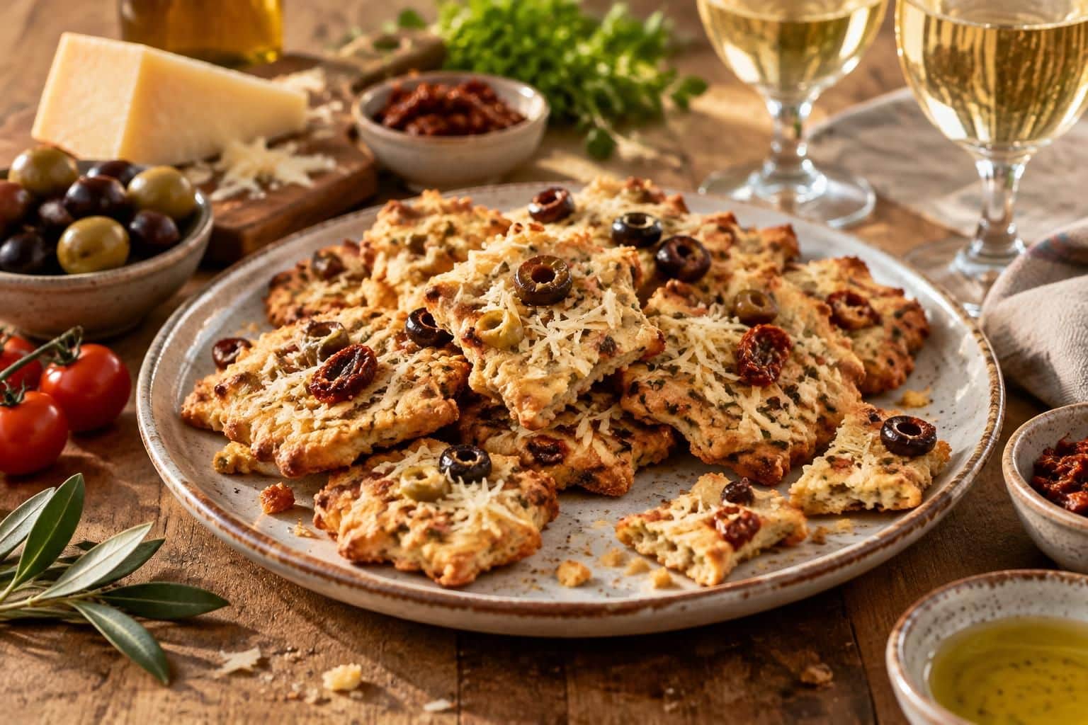 préparez des crackers maison au parmesan, tomates séchées et olives : une recette savoureuse et croustillante qui fait sensation à l’apéro.