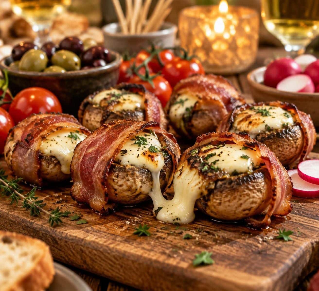 découvrez des champignons de paris farcis à la mozzarella et enveloppés de bacon croustillant : une recette gourmande, parfaite pour l’apéritif.