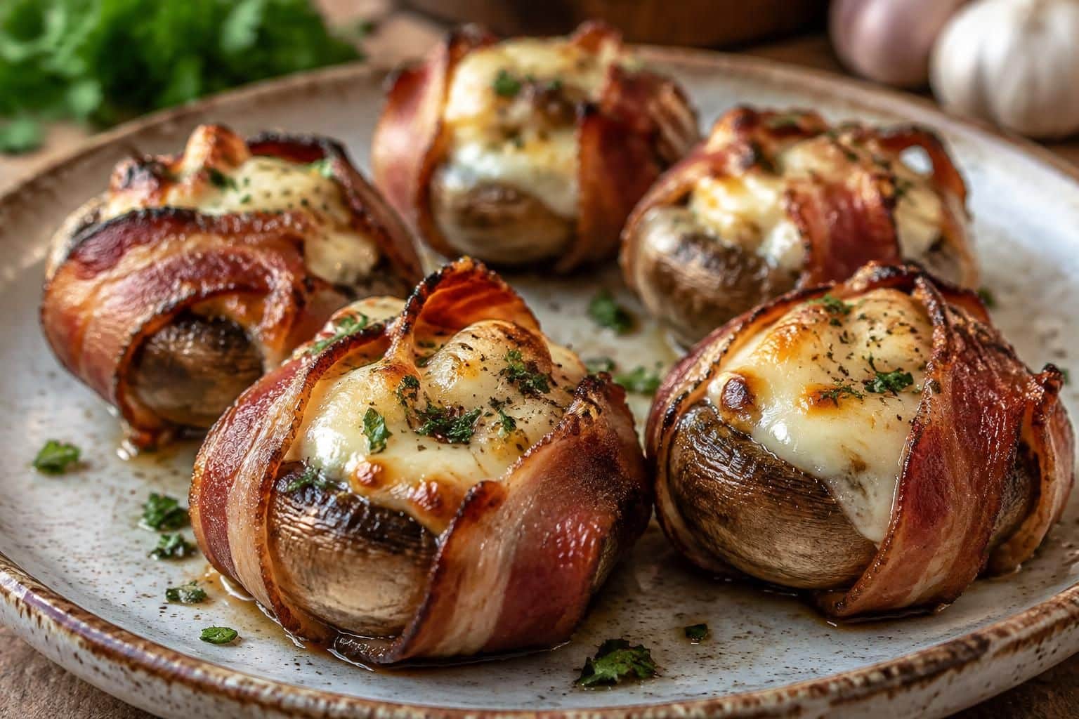 découvrez ces champignons de paris farcis à la mozzarella et enveloppés de bacon croustillant : une bouchée fondante et savoureuse, idéale pour l’apéritif.