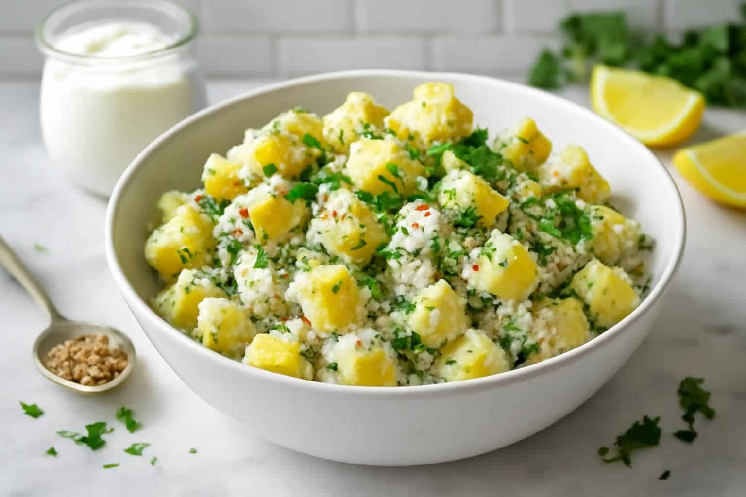 découvrez une salade de pommes de terre revisitée sans mayonnaise, mêlant yaourt grec et moutarde à l'ancienne pour une saveur unique et fraîche.