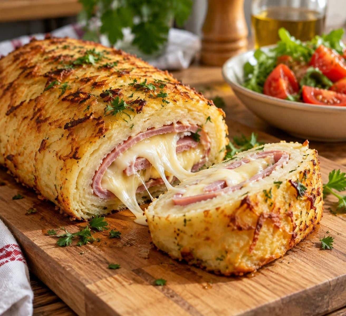 découvrez un roulé de pommes de terre garni de jambon blanc et de mozzarella fondante : une recette gourmande qui fait fondre tout le monde dès la première tranche.