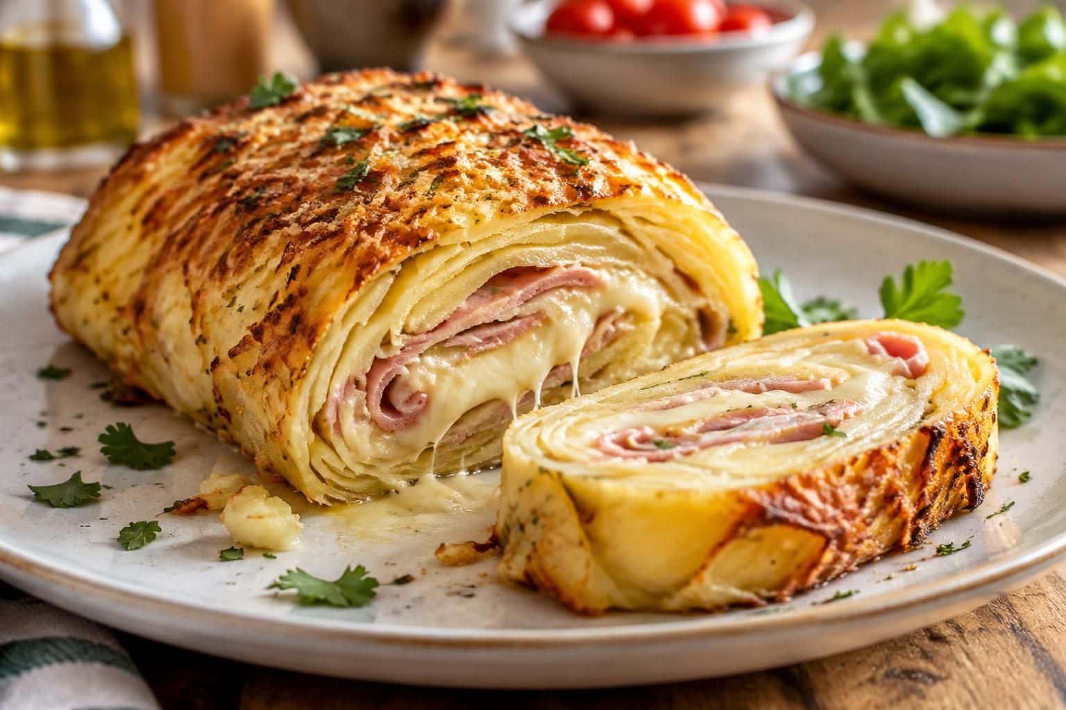 découvrez un roulé de pommes de terre garni de jambon blanc et de mozzarella fondante, une recette conviviale qui plaît dès la première tranche.