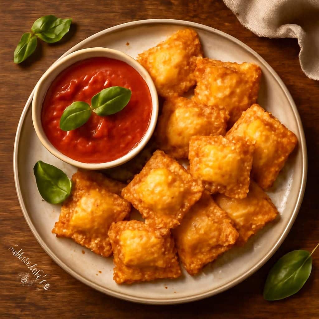 découvrez la recette rapide et facile des raviolis croustillants au parmesan accompagnés d'une sauce tomate au basilic, l'apéritif idéal pour impressionner vos invités sans stress.