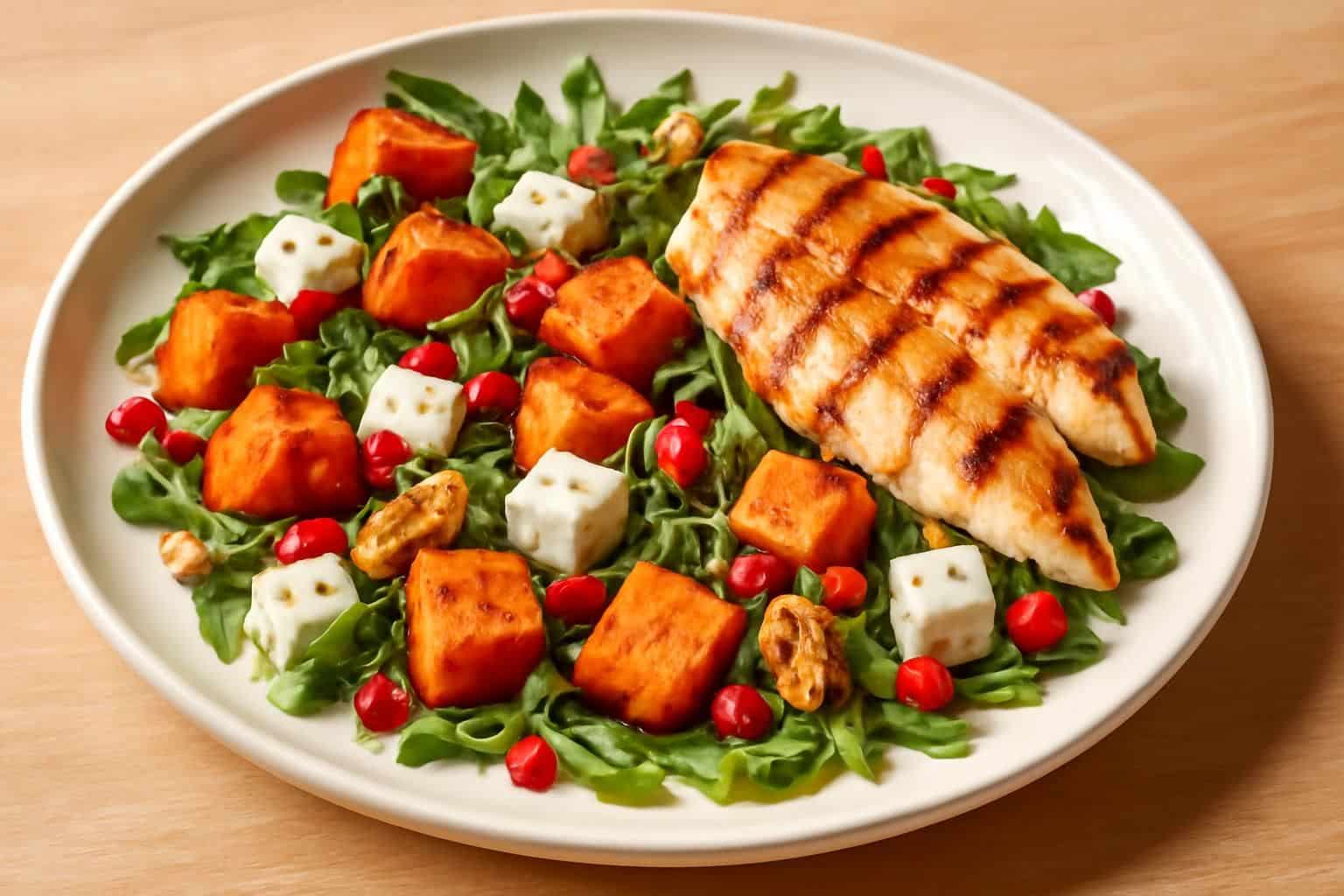 découvrez une salade gourmande alliant patate douce revisitée, poulet grillé et feta, pour une entrée surprenante et délicieuse qui régalera vos papilles.