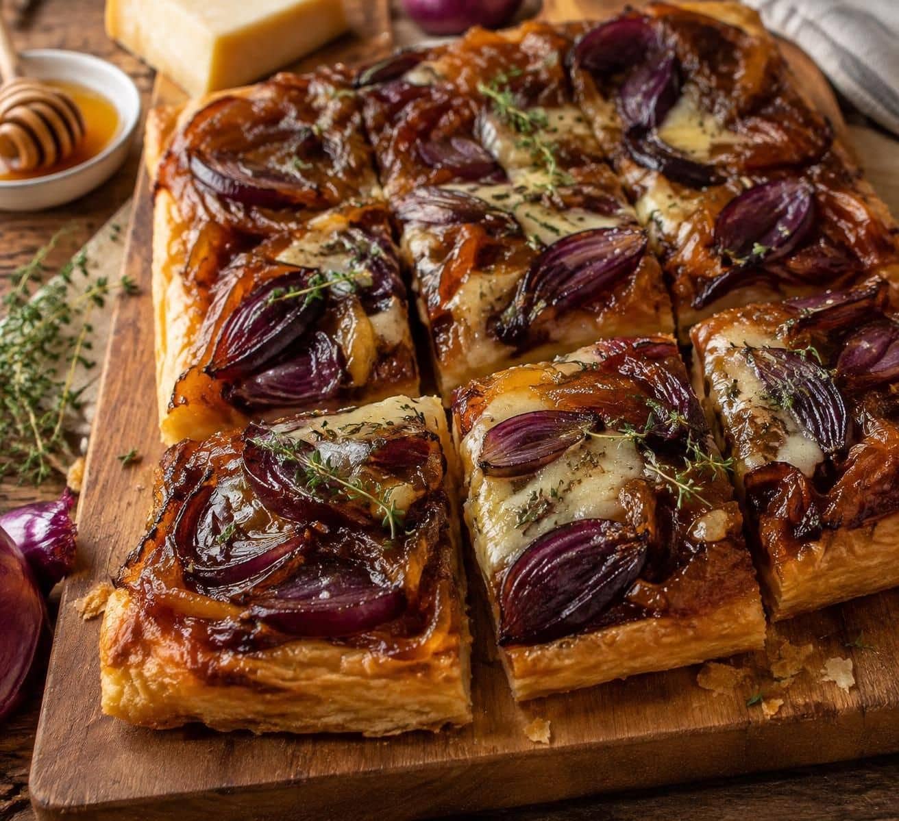 à l’apéro, craquez pour une tarte croustillante aux oignons rouges caramélisés, au gruyère fondant et au thym parfumé : une recette simple qui fait sensation.