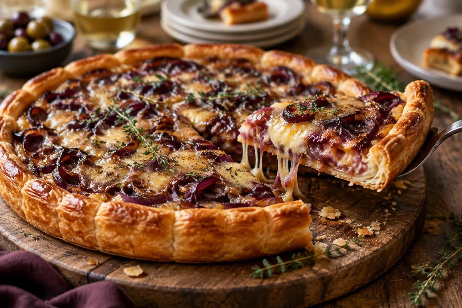 savourez une tarte croustillante aux oignons rouges caramélisés, au gruyère fondant et au thym : une recette gourmande qui régalera vos invités à l’apéro.