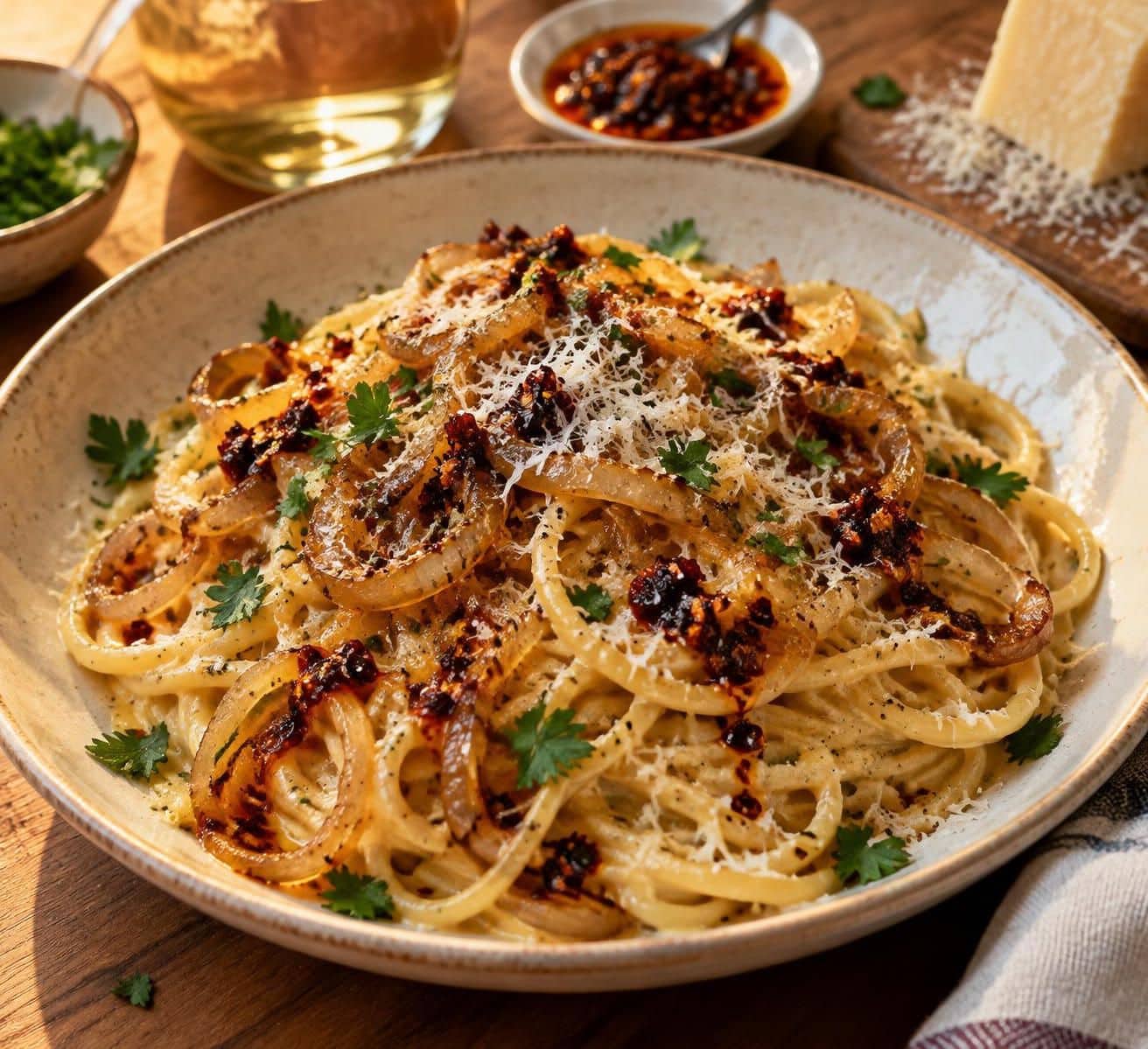 découvrez des spaghetti aux oignons caramélisés, relevés par une touche de miel et d’huile pimentée : une recette gourmande qui change du parmesan.