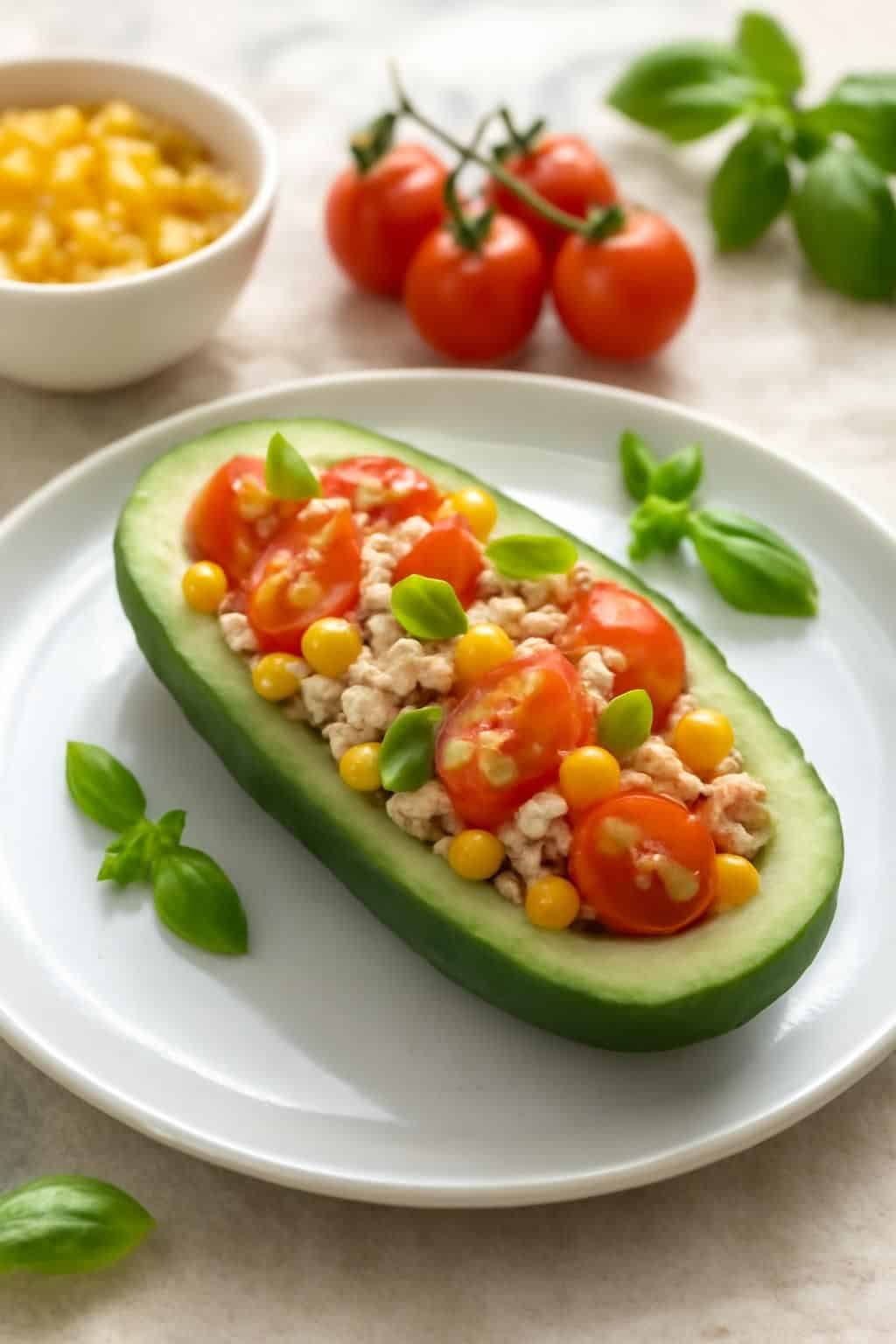 découvrez une recette facile et fraîche de salade de thon, maïs et tomates cerises servie dans un concombre évidé, idéale pour zéro vaisselle et zéro gaspillage.