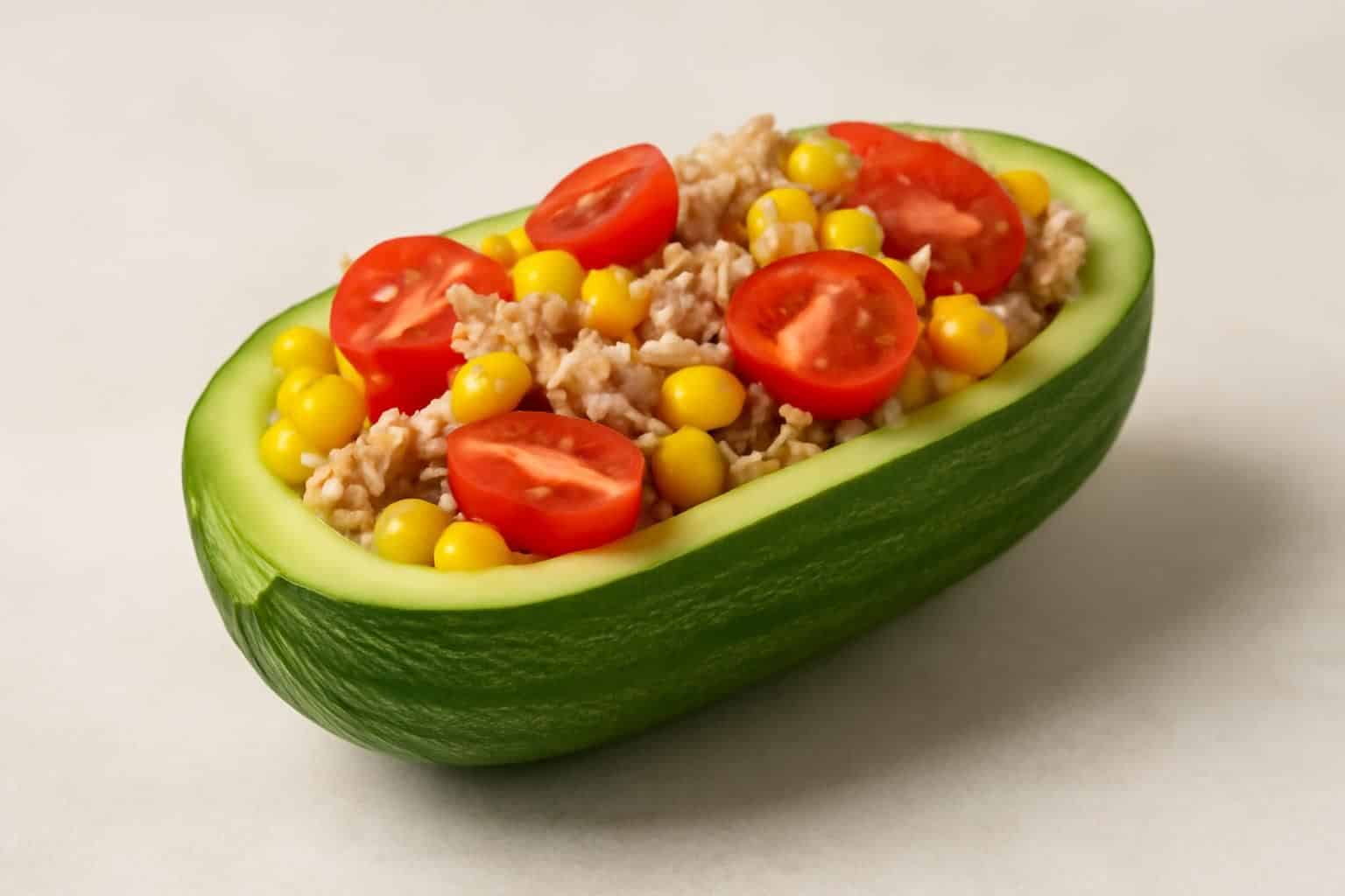 découvrez une recette simple et rapide : salade de thon, maïs et tomates cerises servie dans un concombre évidé, pour zéro vaisselle et zéro gaspillage alimentaire.