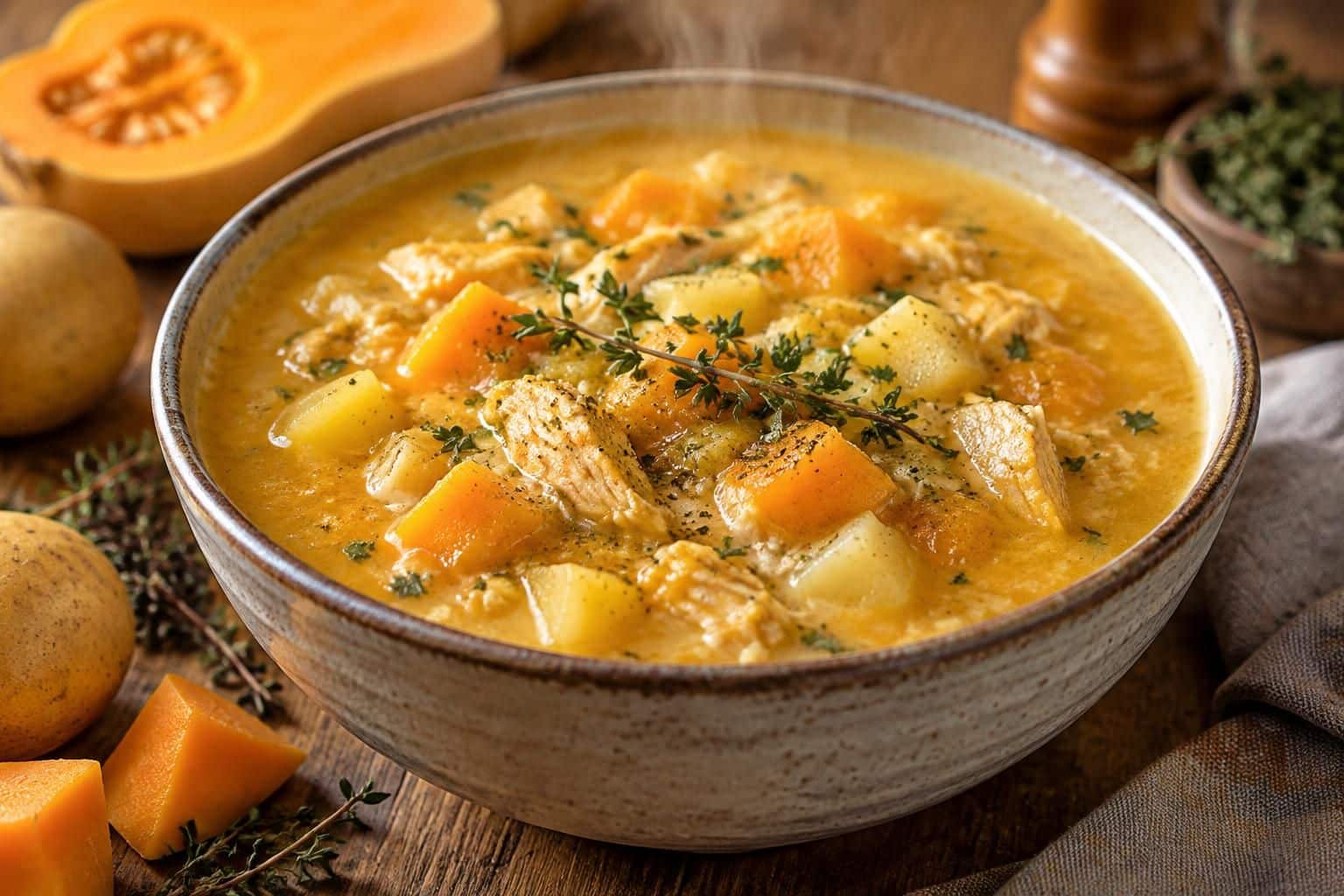 découvrez une soupe de butternut au poulet et aux pommes de terre, généreuse et réconfortante : une entrée si complète qu’elle devient le plat préféré de toute la famille !