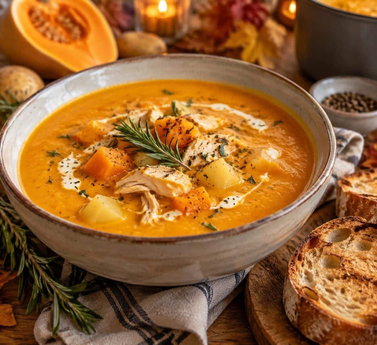 découvrez une soupe généreuse de butternut, poulet et pommes de terre : une recette réconfortante et complète qui régale toute la famille.